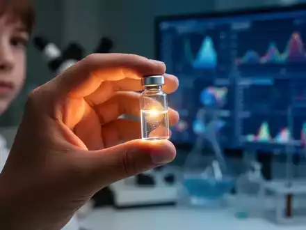 Nahaufnahme einer Kinderhand, die ein kleines, leuchtendes Glasfläschchen hält, mit unscharfer wissenschaftlicher Ausrüstung im Hintergrund. - Foto: über boerse-global.de