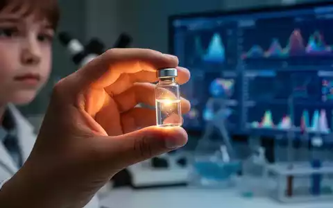 Nahaufnahme einer Kinderhand, die ein kleines, leuchtendes Glasfläschchen hält, mit unscharfer wissenschaftlicher Ausrüstung im Hintergrund. - Foto: über boerse-global.de