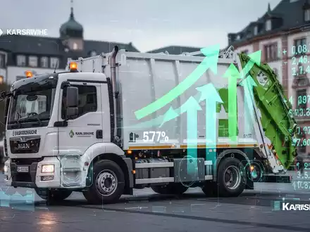 Ein modernes Müllfahrzeug mit digitalen Grafiken, die Sparmaßnahmen und Effizienz im Abfallmanagement in Karlsruhe symbolisieren. - Foto: über boerse-global.de