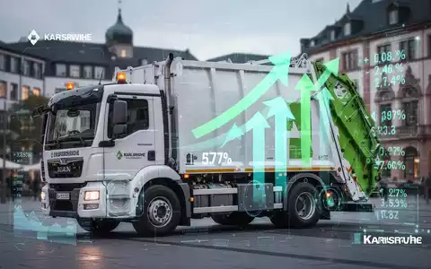 Ein modernes Müllfahrzeug mit digitalen Grafiken, die Sparmaßnahmen und Effizienz im Abfallmanagement in Karlsruhe symbolisieren. - Foto: über boerse-global.de