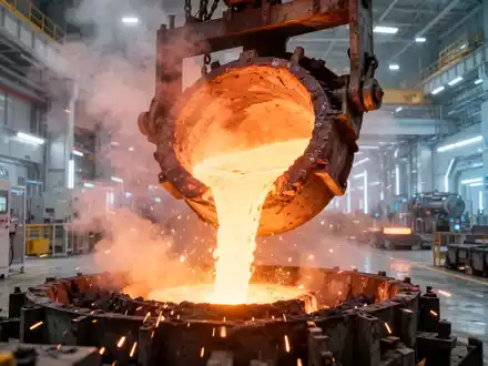 Nahaufnahme von geschmolzenem Stahl, der in einem modernen, sauberen Stahlwerk vergossen wird, mit Dampf und Funken. - Foto: über boerse-global.de
