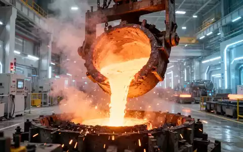 Nahaufnahme von geschmolzenem Stahl, der in einem modernen, sauberen Stahlwerk vergossen wird, mit Dampf und Funken. - Foto: über boerse-global.de