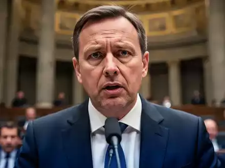 Ein Gewerkschaftsführer spricht ernsthaft in ein Mikrofon bei einer Pressekonferenz, mit einem unscharfen Hintergrund eines Regierungsgebäudes. - Foto: über boerse-global.de
