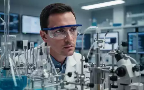 Ein Wissenschaftler mit Schutzbrille und Laborkittel blickt auf Laborgeräte, symbolisiert Laborsicherheit und Augenschutz. - Foto: über boerse-global.de