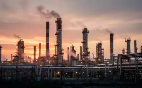 Industriekomplex einer Raffinerie bei Sonnenaufgang mit Schornsteinen und Rohrleitungen. - Foto: über boerse-global.de