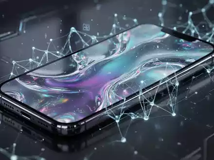A sleek, modern smartphone screen displaying a vibrant, AI-generated 'Liquid Glass' wallpaper with subtle neural network graphics. - Foto: über boerse-global.de