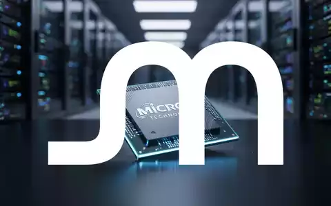 Nahaufnahme eines Mikrochip von Micron Technology, umgeben von einem unscharfen Rechenzentrum, das Hochtechnologie und Finanzmärkte darstellt. - Foto: über boerse-global.de