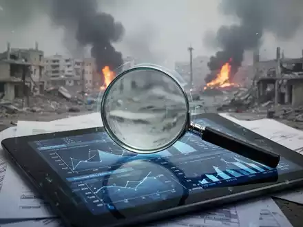 Ein Vergrößerungsglas untersucht Finanzdokumente und digitale Daten vor dem verschwommenen Hintergrund einer kriegszerstörten Stadt. - Foto: über boerse-global.de
