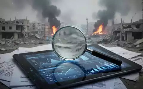 Ein Vergrößerungsglas untersucht Finanzdokumente und digitale Daten vor dem verschwommenen Hintergrund einer kriegszerstörten Stadt. - Foto: über boerse-global.de