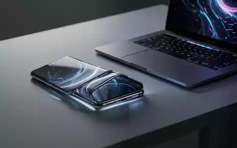 A futuristic, partially folded smartphone next to a sleek laptop, both with glowing screens, on a minimalist desk. - Foto: über boerse-global.de