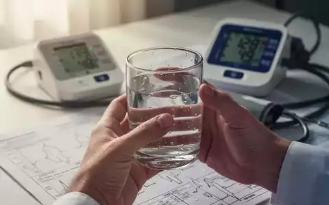 Nahaufnahme von Händen, die ein Glas Wasser halten, mit einem Blutdruckmessgerät und medizinischen Diagrammen im unscharfen Hintergrund. - Foto: über boerse-global.de