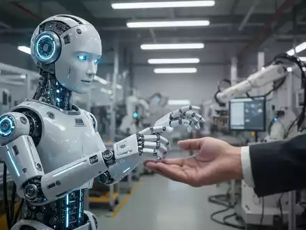 A humanoid robot's hand, glowing blue, gently touches a human hand in a modern, well-lit factory, symbolizing AI and robotics. - Foto: über boerse-global.de