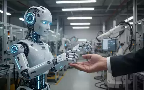 A humanoid robot's hand, glowing blue, gently touches a human hand in a modern, well-lit factory, symbolizing AI and robotics. - Foto: über boerse-global.de