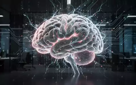 Ein stilisiertes menschliches Gehirn mit leuchtenden neuronalen Pfaden, verbunden mit subtilen digitalen Elementen, die KI und psychische Belastung darstellen. - Foto: über boerse-global.de