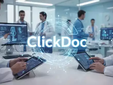 Ein stilisiertes, leuchtendes digitales Logo über einem verschwommenen Hintergrund von medizinischem Personal, das digitale Geräte verwendet. - Foto: über boerse-global.de