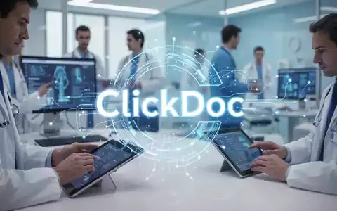 Ein stilisiertes, leuchtendes digitales Logo über einem verschwommenen Hintergrund von medizinischem Personal, das digitale Geräte verwendet. - Foto: über boerse-global.de