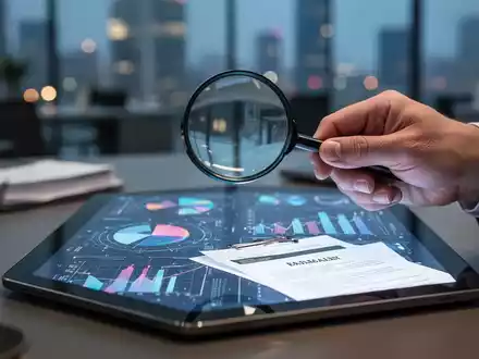 Eine Hand hält eine Lupe über ein Tablet, das Datenvisualisierungen und rechtliche Dokumente anzeigt, im Hintergrund ein modernes Büro. - Foto: über boerse-global.de