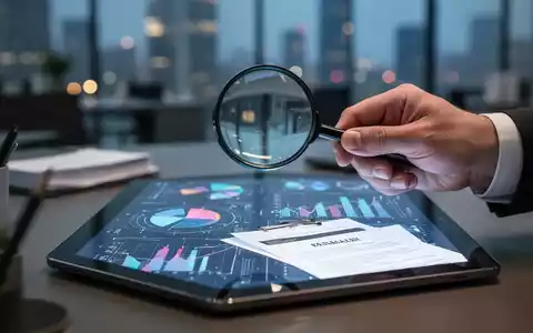 Eine Hand hält eine Lupe über ein Tablet, das Datenvisualisierungen und rechtliche Dokumente anzeigt, im Hintergrund ein modernes Büro. - Foto: über boerse-global.de