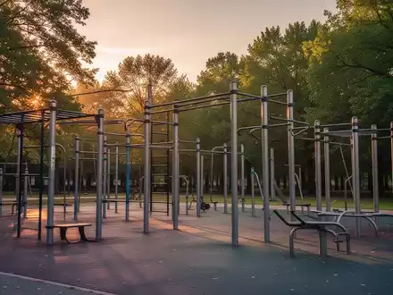 Ein Calisthenics-Park im Freien mit verschiedenen Trainingsgeräten bei Sonnenaufgang, umgeben von Bäumen. - Foto: über boerse-global.de