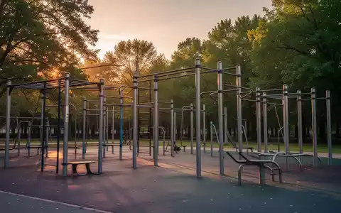 Ein Calisthenics-Park im Freien mit verschiedenen Trainingsgeräten bei Sonnenaufgang, umgeben von Bäumen. - Foto: über boerse-global.de