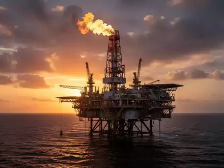 Offshore-Ölplattform mit brennendem Fackelstapel vor einem dramatischen Sonnenuntergang über der Küste Angolas. - Foto: über boerse-global.de