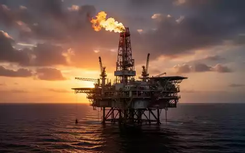 Offshore-Ölplattform mit brennendem Fackelstapel vor einem dramatischen Sonnenuntergang über der Küste Angolas. - Foto: über boerse-global.de