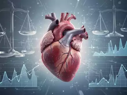 Ein stilisiertes menschliches Herz mit digitalen Datenüberlagerungen, umgeben von Waagen und medizinischen Diagrammen, die Herzgesundheit und Forschung symbolisieren. - Foto: über boerse-global.de