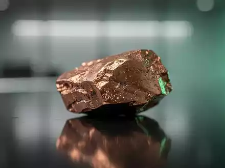 Ein poliertes Kupfererzstück auf einer dunklen, reflektierenden Oberfläche mit subtilen grünen Lichtern im Hintergrund. - Foto: über boerse-global.de
