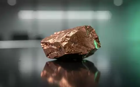 Ein poliertes Kupfererzstück auf einer dunklen, reflektierenden Oberfläche mit subtilen grünen Lichtern im Hintergrund. - Foto: über boerse-global.de