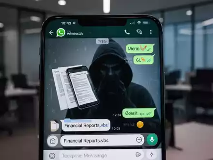 Ein Smartphone zeigt eine WhatsApp-Nachricht mit einem schädlichen Anhang namens 'Financial Reports.vbs' und einer bedrohlichen Reflexion auf dem Bildschirm. - Foto: über boerse-global.de