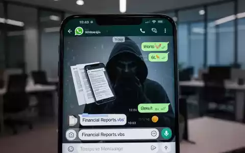 Ein Smartphone zeigt eine WhatsApp-Nachricht mit einem schädlichen Anhang namens 'Financial Reports.vbs' und einer bedrohlichen Reflexion auf dem Bildschirm. - Foto: über boerse-global.de