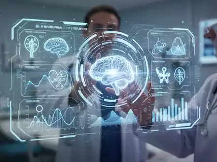 Eine Person interagiert mit einer holografischen Benutzeroberfläche, die Daten und KI-Symbole für mentale Gesundheit anzeigt. - Foto: über boerse-global.de