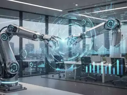 Ein futuristischer KI-Agent interagiert mit einer holografischen Anzeige von Finanzdaten und Geschäftsanwendungen in einem modernen Büro. - Foto: über boerse-global.de