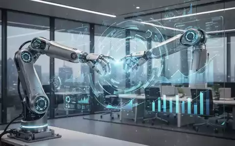 Ein futuristischer KI-Agent interagiert mit einer holografischen Anzeige von Finanzdaten und Geschäftsanwendungen in einem modernen Büro. - Foto: über boerse-global.de