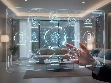 Eine Hand interagiert mit einem transparenten Bildschirm, der eine Smart-Home-Schnittstelle mit KI-gesteuerten Geräten anzeigt. - Foto: über boerse-global.de