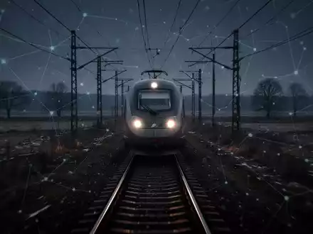 A dark, stationary high-speed train on tracks at night, overlaid with subtle digital network lines, symbolizing an IT malfunction. - Foto: über boerse-global.de