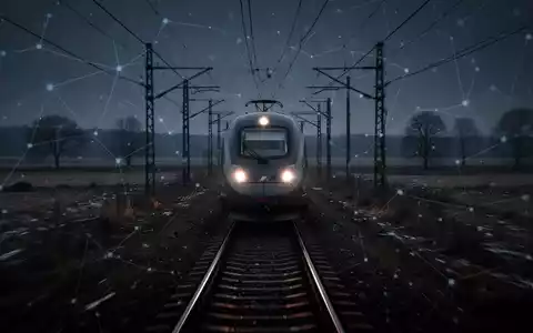 A dark, stationary high-speed train on tracks at night, overlaid with subtle digital network lines, symbolizing an IT malfunction. - Foto: über boerse-global.de