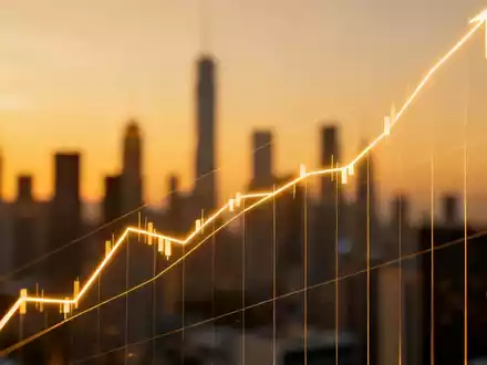 Abstrakte Darstellung eines Börsenindex-Charts mit aufsteigender Linie, digitalen Elementen und Skyline im Hintergrund. - Foto: über boerse-global.de