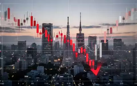 Ein japanisches Candlestick-Chart zeigt einen starken Rückgang, mit roten Kerzen, die einen Marktabsturz symbolisieren, über der Skyline Tokios. - Foto: über boerse-global.de