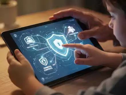 A parent's hand gently guiding a child's hand on a tablet, showing a digital interface with parental control settings. - Foto: über boerse-global.de