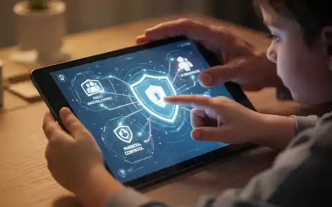 A parent's hand gently guiding a child's hand on a tablet, showing a digital interface with parental control settings. - Foto: über boerse-global.de