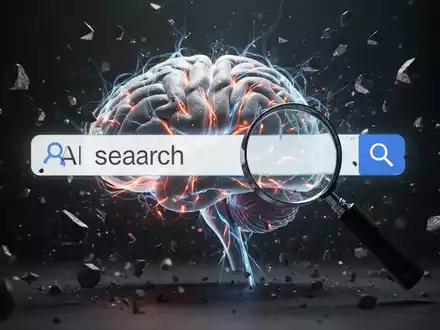 A glowing digital brain surrounded by broken fragments of a search bar, representing Google's AI search challenges. - Foto: über boerse-global.de