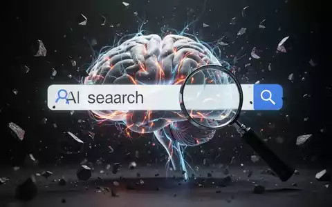 A glowing digital brain surrounded by broken fragments of a search bar, representing Google's AI search challenges. - Foto: über boerse-global.de