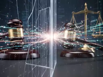 Digital AI models encountering a restriction barrier, with a legal gavel and scales of justice in the background. - Foto: über boerse-global.de