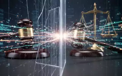 Digital AI models encountering a restriction barrier, with a legal gavel and scales of justice in the background. - Foto: über boerse-global.de