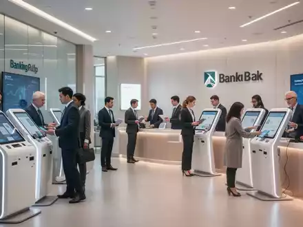 A modern banking hub with digital kiosks and people interacting with bank staff, blending technology and in-person service. - Foto: über boerse-global.de