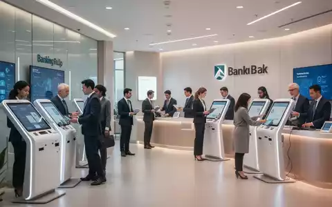 A modern banking hub with digital kiosks and people interacting with bank staff, blending technology and in-person service. - Foto: über boerse-global.de