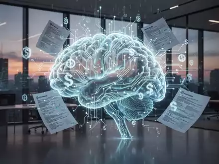Eine futuristische, leuchtende KI-Gehirnstruktur mit Finanzsymbolen und Dokumenten, die automatisierte Buchhaltungsprozesse darstellt. - Foto: über boerse-global.de