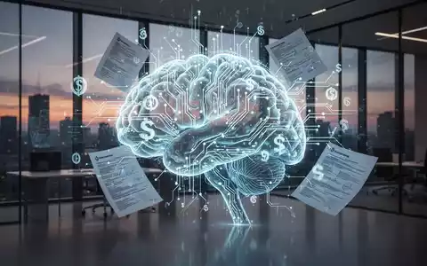 Eine futuristische, leuchtende KI-Gehirnstruktur mit Finanzsymbolen und Dokumenten, die automatisierte Buchhaltungsprozesse darstellt. - Foto: über boerse-global.de