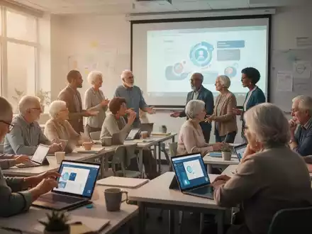 Eine vielfältige Gruppe von Erwachsenen und Senioren in einem modernen Klassenzimmer, die digitale Geräte verwenden und interagieren. - Foto: über boerse-global.de